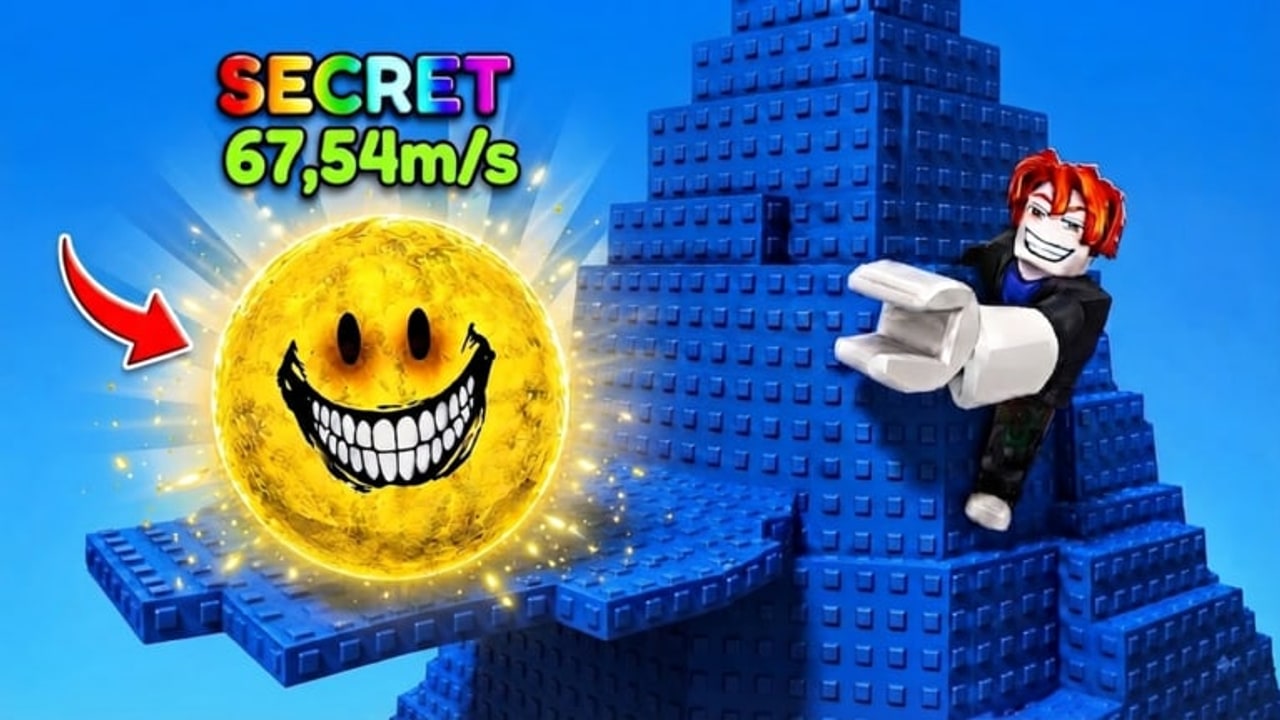 Roblox avatar reaching for the yellow Verity Secret SCP on a blue jump tower in Jump To Steal SCP Monsters