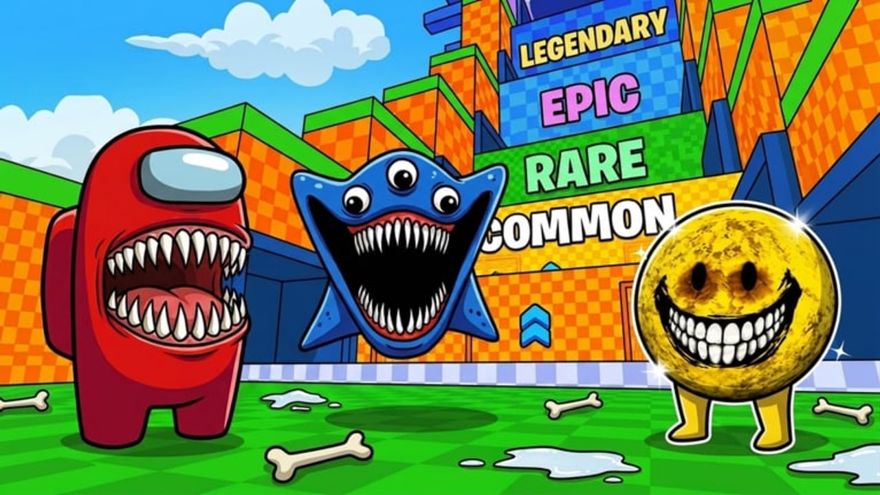 Common, Rare, Epic, and Legendary SCP monsters lined up in front of the jump tower in Jump To Steal SCP Monsters
